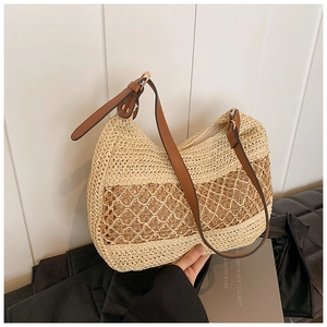 Summer woven straw shoulder bag with dark wave pattern and brown leather strap for women