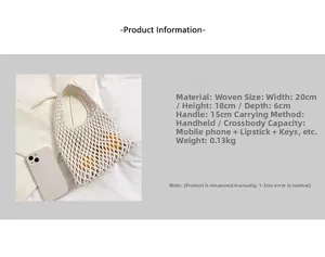 Detail showing dimensions and capacity of the cream woven cotton rope handbag