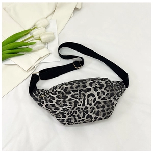 Fashionable leopard print waist bag with adjustable strap on white fabric background
