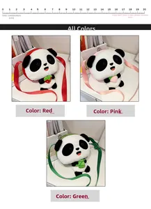 Macro shot of cute plush panda crossbody bags in red, pink, and green fuzzy fabric
