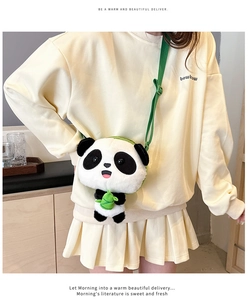 Close-up of cute panda plush bag with 3D bamboo details and bright green fabric strap
