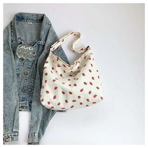 Women Corduroy Shoulder Bag Strawberry Print Drawstring Crossbody Bag Casual Large Capacity Tote Fashion Versatile Daily Bag