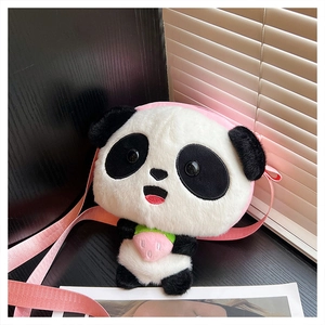Cute plush panda crossbody bag with strawberry detail and adjustable pink strap