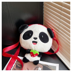Close-up of plush panda bag showing soft faux fur texture and strawberry embroidery