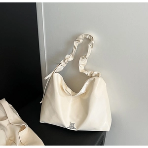 Women Glossy PU Leather Shoulder Bag Ruched Strap Hobo Bag Large Capacity Commuting Tote Bag With Metal Logo Fashion Handbag