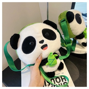 Detail of panda plush bag with bamboo leaf decor and green adjustable strap