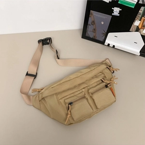 Khaki nylon waist bag with double zipper pockets and industrial style buckle strap