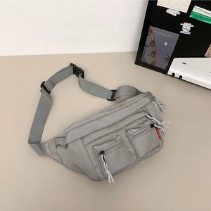 Minimalist light grey nylon waist bag with adjustable strap and multi-zipper pockets