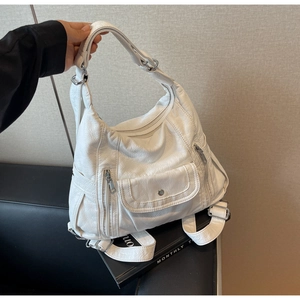 Versatile white pebbled PU leather convertible backpack and handbag for women in summer