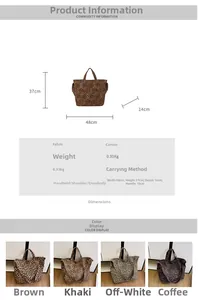 Size chart showing dimensions for large leopard canvas tote bag with shoulder straps