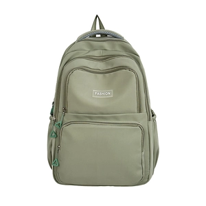 Olive green nylon backpack with multi-zipper pockets and fashion logo on white background