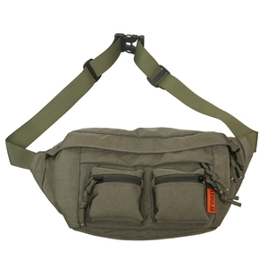 Army green nylon tactical waist bag for women with multiple zip pockets and adjustable strap