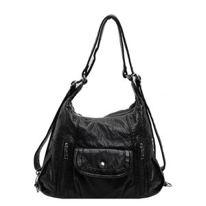 Versatile black PU leather backpack and shoulder bag with pebbled texture and silver hardware