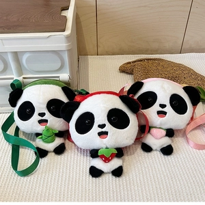 Three plush panda crossbody bags with colorful nylon straps on a white textured rug