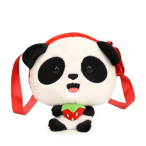 Cute panda plush crossbody bag with red strawberry detail and adjustable red nylon strap