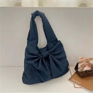 Grand Sac Cabas en Denim à Nœud pour Femme Sac à Bandoulière Minimaliste Couleur Unie Sac à Main Décontracté pour Voyages