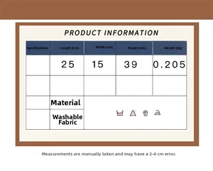 Size chart showing dimensions 25x15x39cm and washed fabric material for the backpack