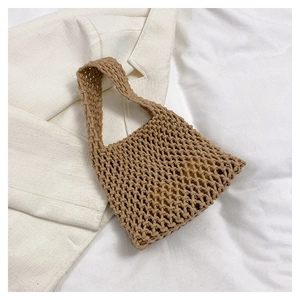 Handwoven woven summer tote bag in earthy brown with crochet mesh texture and yellow lining