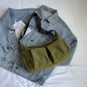 Japanese style army green crossbody bag with multi-pockets and black nylon strap