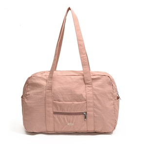 Pink nylon travel tote bag with double handles and white brand embroidery for women