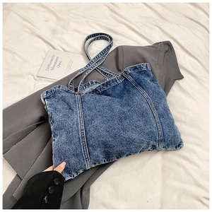 Vintage washed denim tote bag with contrast stitching and double shoulder straps