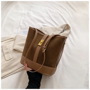 Women Vintage Faux Suede PU Leather Splicing Bucket Bag Urban Minimalist Shoulder Crossbody Bag Gold Metal Lock Commuter Large Capacity Handbag