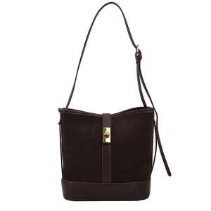 Minimalist deep brown faux suede bucket crossbody bag with golden metal swivel lock
