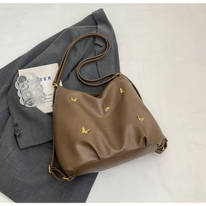 Chic brown PU leather hobo bag with gold butterfly accents and matching long shoulder strap