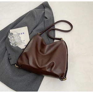 Minimalist dark brown pleated PU leather shoulder bag with vintage gold hardware for women