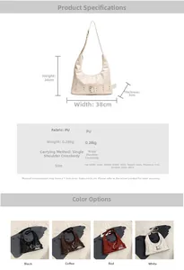 Size guide for PU shoulder bag showing dimensions 38x36cm and four color options