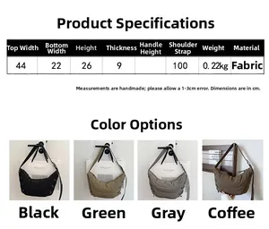 Size chart and dimensions for the stylish quilted crescent crossbody bag in four colors