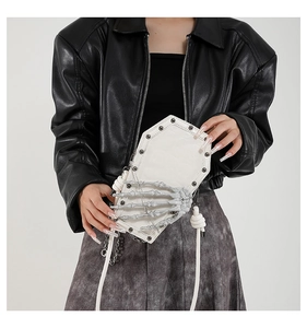 Gothic white coffin shoulder bag featuring a 3D skeletal hand and silver metal chains