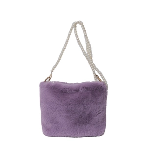 Sac à bandoulière en fausse fourrure violette avec chaîne en perles pour femme