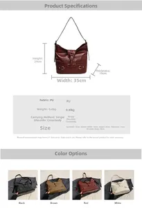 Detailed size chart for the PU leather bucket bag showing dimensions and four colors