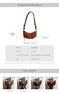 Infographie montrant les dimensions et le poids du sac croissant en daim pour femme