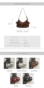 Detailed size chart and multi-color options for the minimalist PU leather shoulder bag