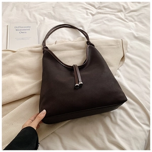 Minimalist dark brown matte PU leather tote bag with silver beaded drawstring detail