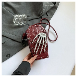 Coffin Shape Shoulder Bag Gothic Punk Skull Embossed Crossbody Handbag With Skeleton Hand Rivet Chain Decor Women Bag