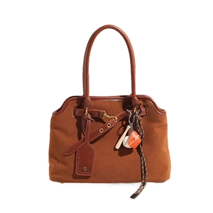 Chic dark brown suede tote bag with vintage baseball charms and leather handles