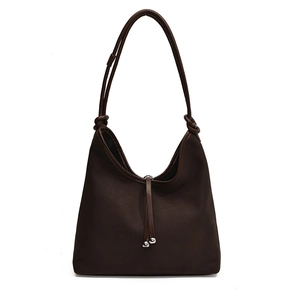 Minimalist dark brown suede shoulder bag with metallic ball drawstring detail