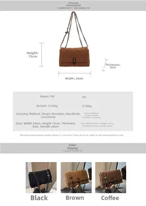 Detail showing dimensions of the quilted PU leather chain bag with 24x15x8cm size layout