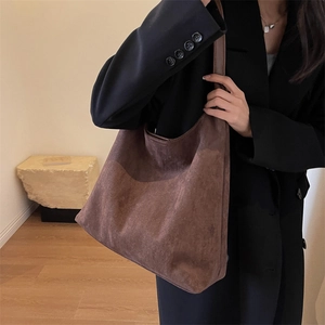 Minimalist large capacity dark brown suede tote bag for women with wide shoulder strap