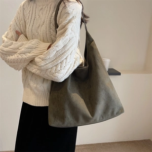 Olive green large capacity faux suede tote bag for women in stylish minimalist hobo style