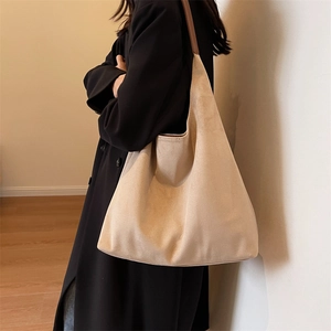 Large capacity suede tote bag in beige with dark brown shoulder straps for women