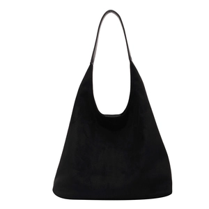 Large capacity black suede hobo tote bag with smooth leather shoulder straps in minimalist style