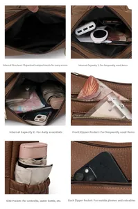 Detailansicht der braunen Tasche aus weichem Leder mit mehreren Fächern und Taschen für Ordnung