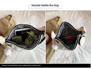 Interno spazioso della borsa tote trapuntata bianca con tablet, ombrello e portafoglio
