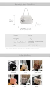 Plush crossbody bag dimensions and colors chart showing fabric details and weights
