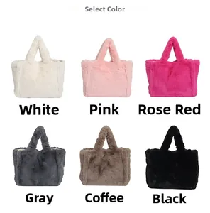 Sacs cabas en peluche présentés en blanc, rose, rose rouge, gris, café et noir