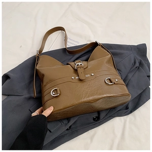 Brown PU leather shoulder bag with vintage texture and cat-ear shaped top outline